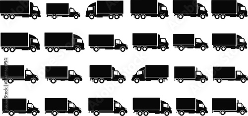 Delivery truck silhouettes collection, cargo transport vehicles set, logistics shipping box trucks vector icons isolated, commercial freight transportation fleet illustration