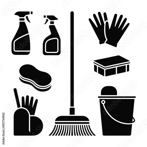 Black and white cleaning supplies and tools set gloves