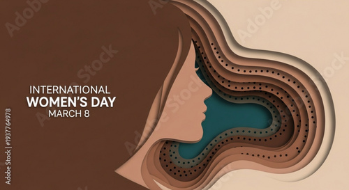 International women's day march 8 illustration with layered female profile and colorful abstract hair