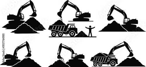 Excavator and dump truck silhouettes set, construction machinery digging loading soil collection, heavy equipment mining industry vector illustration isolated