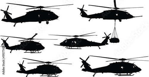 Military helicopter silhouettes collection, combat transport rescue helicopters set, aviation rotorcraft aircraft vector illustration isolated air force helicopter fleet