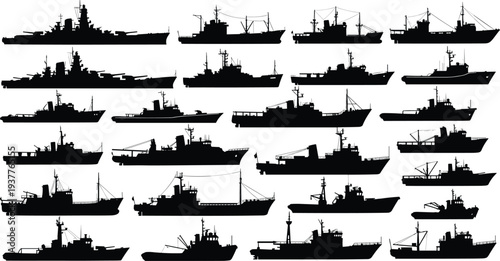 Military naval ships silhouettes set, warship fleet collection, navy vessels side view, battleship patrol boat cargo ship outlines, maritime defense transport ships vector