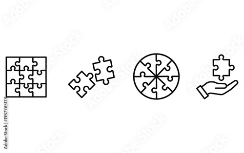 Business puzzle icon set featuring jigsaw pieces for problem solving strategy collaboration and solution concept in minimalist line style