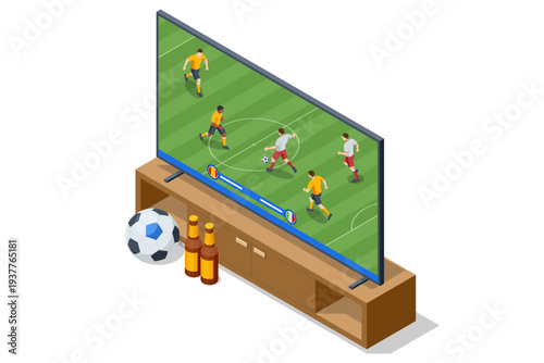 Isometric television broadcast of football match with soccer game on screen, ball and beer bottles near TV stand. Sport watching concept at home.