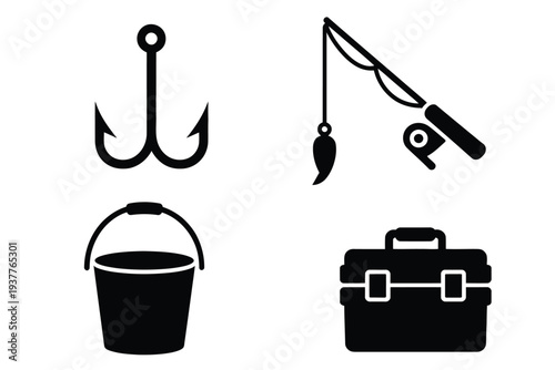 Black and white fishing and tool set anchor hook fishing rod