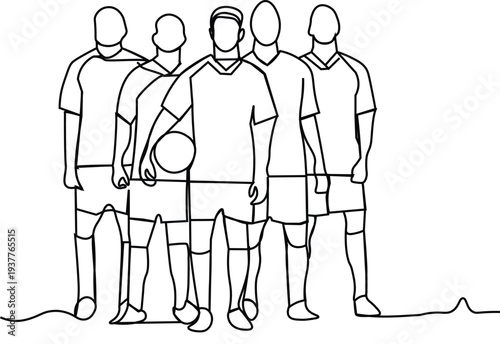 Continuous line drawing of a soccer team standing together with a football for sports competition and teamwork concept.