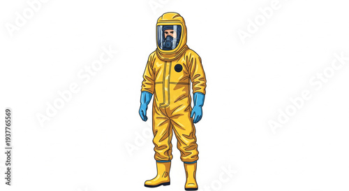 Person wearing yellow protective suit with blue gloves standing alone in a vector illustration