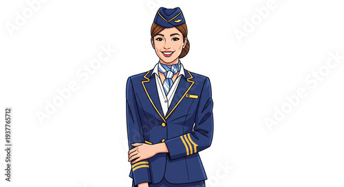 Smiling stewardess in uniform standing confidently with arms crossed, viewed from the front
