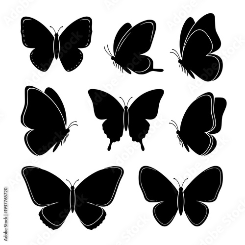 Minimal silhouette butterfly vector cartoon icon set EPS10 isolated on white