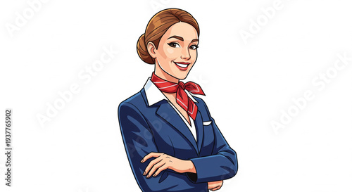 Smiling flight attendant in uniform standing confidently with arms crossed, viewed from the front