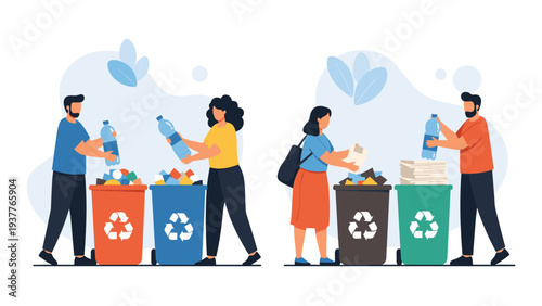 Group of people actively participating in waste recycling by sorting plastic bottles and paper into colorful designated bins.