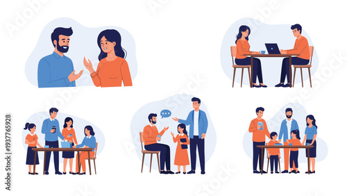 Diverse group of people and families engaged in social interactions, talking, working together, and spending time at home.