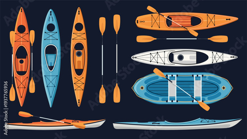 Collection of colorful kayaks, paddles, and an inflatable raft shown from a top-down aerial perspective on a dark background.