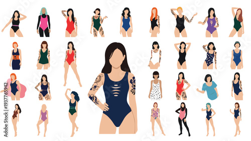 Group of women in various styles of swimsuits with many characters showing colorful tattoos on their arms and bodies.