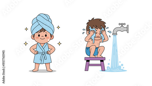 Little boy and girl practicing good hygiene by washing their faces and wearing bathrobes in a cute cartoon style.