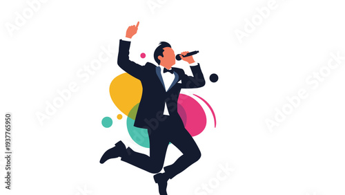 Energetic man in a tuxedo jumping and singing into a microphone with vibrant colorful abstract shapes in the background.