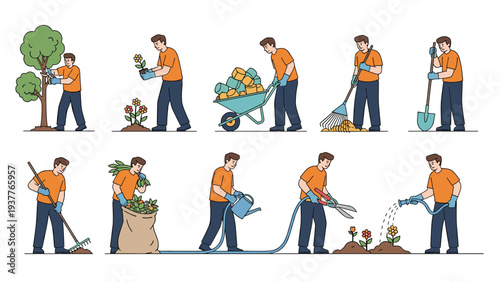 Set of male gardeners engaged in various outdoor activities like planting flowers, raking leaves, watering plants, and pruning trees.