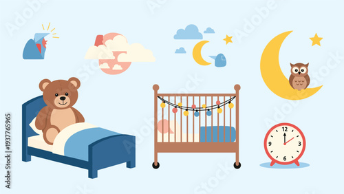 Collection of nursery elements featuring a cozy bed with a teddy bear, a baby crib, and whimsical night sky illustrations.