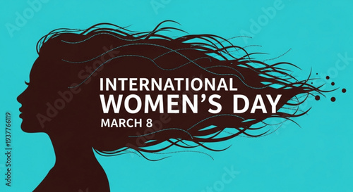 International women's day march 8 silhouette of a woman with flowing hair on turquoise background