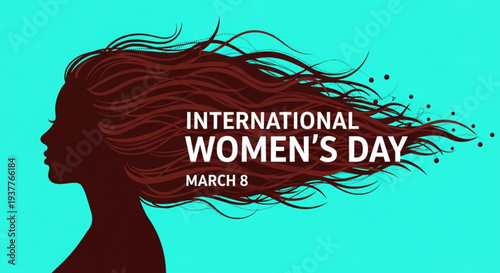 International women's day march 8 illustration with woman silhouette and flowing hair on teal background