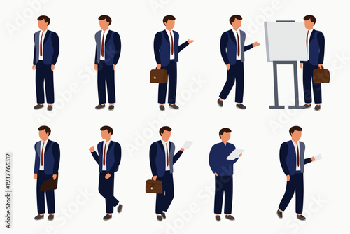 Diverse poses of a businessman in a suit presenting and walking
