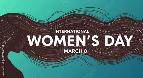 International women's day march 8th celebration background with silhouette of woman's face and flowing hair on gradient teal background