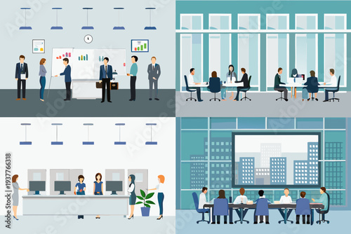 Business professionals collaborating in an office environment with cityscape views