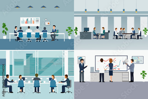 Modern office spaces depict team collaboration and productive work environments