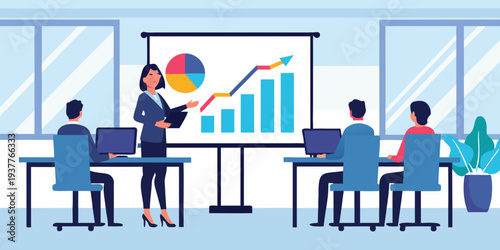A businesswoman presents data analysis and growth strategies to a meeting