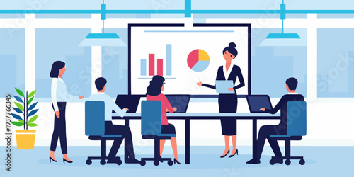 Business presentation in a modern office conference room with diverse team