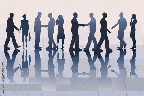 Silhouettes of business people walking and shaking hands in a modern space