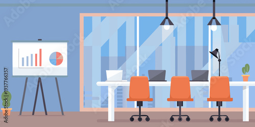 Modern office space featuring a presentation desks and large windows