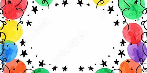 Colorful balloons and confetti frame a blank white space