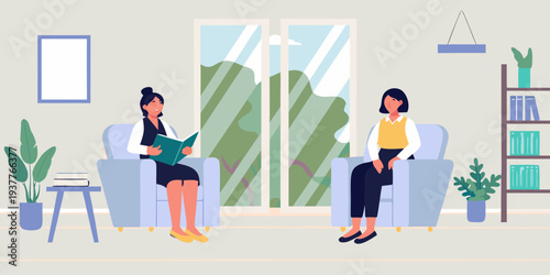 Two women are engaged in a therapy session inside a brightly lit room