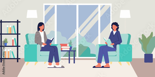 Two women are engaged in a therapy session within a modern living room