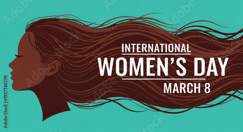 International women's day march 8th celebration with female silhouette and flowing hair on turquoise background