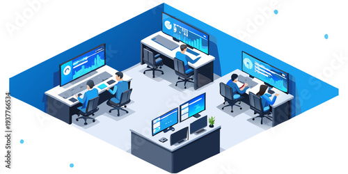 Isometric view of a modern data analysis and monitoring control room