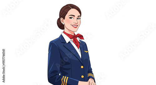 Friendly flight attendant in uniform standing and smiling directly at viewer with hands together in a welcoming gesture