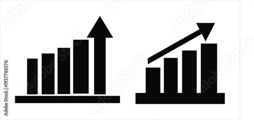 Simple black bar graph icons with ascending arrows indicating financial growth and progress isolated on transparent background
