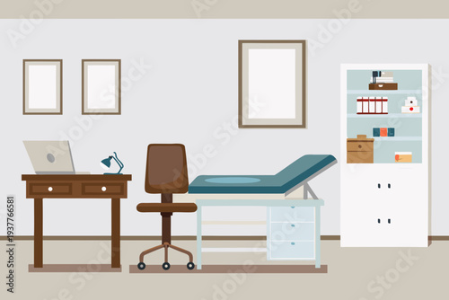 A minimalist doctor s office interior with examination table and desk