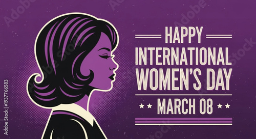 Happy international women's day march 8th purple background illustration with female silhouette