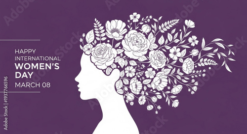 International women's day celebration with floral hair silhouette on purple background