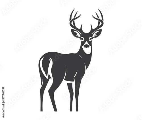 whitetail deer buck silhouette, black and white wild stag vector illustration