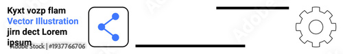 Technology, communication, process automation, data sharing, workflow management, innovation. Blue sharing icon and gear illustrated side by side. Technology and communication concept