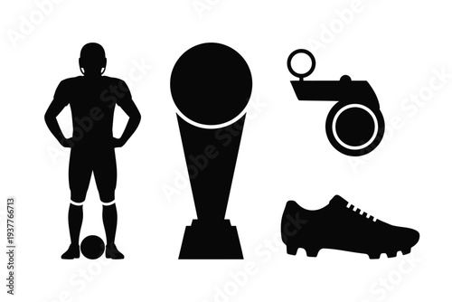 Black silhouette soccer player trophy shoe and whistle