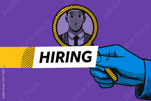 A hand offers a portrait with hiring displayed on a banner