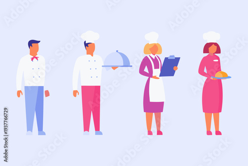 Diverse group of restaurant staff members illustrated in a flat modern style