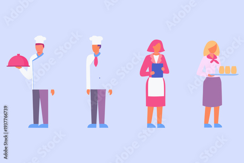 Four restaurant staff members in a flat minimalist illustration style