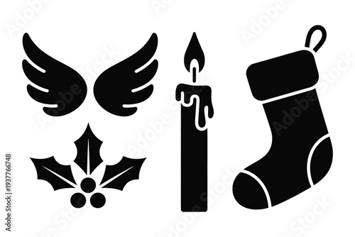 Black silhouettes of angel wings, holly, candle, and christmas stocking