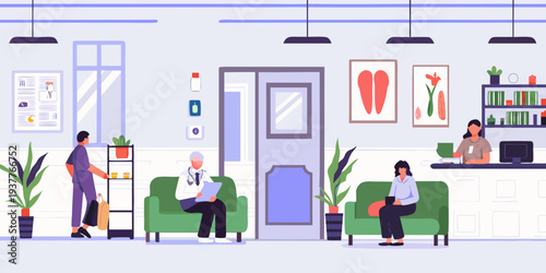 A brightly colored illustration of a doctor s office waiting room scene